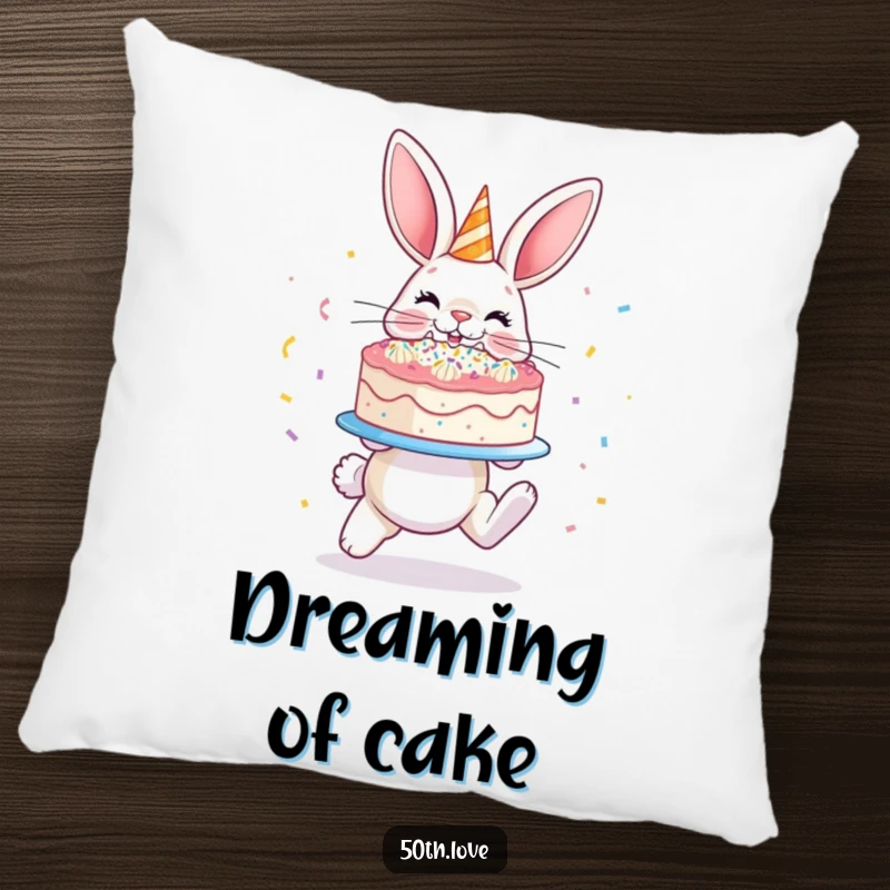 Funny 'Bunny Cake' Pillow: A hopping bunny presents a confetti-covered cake, bringing festive fun and comfort to any room.