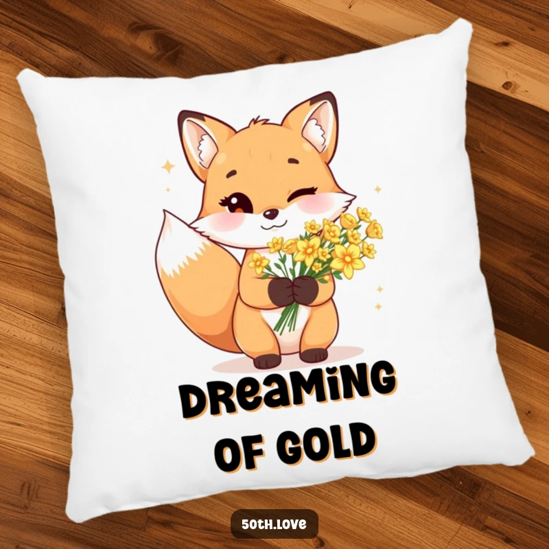 Funny fox pillow with a cheerful wink, holding a bouquet of sparkling golden flowers, adding a touch of elegance.