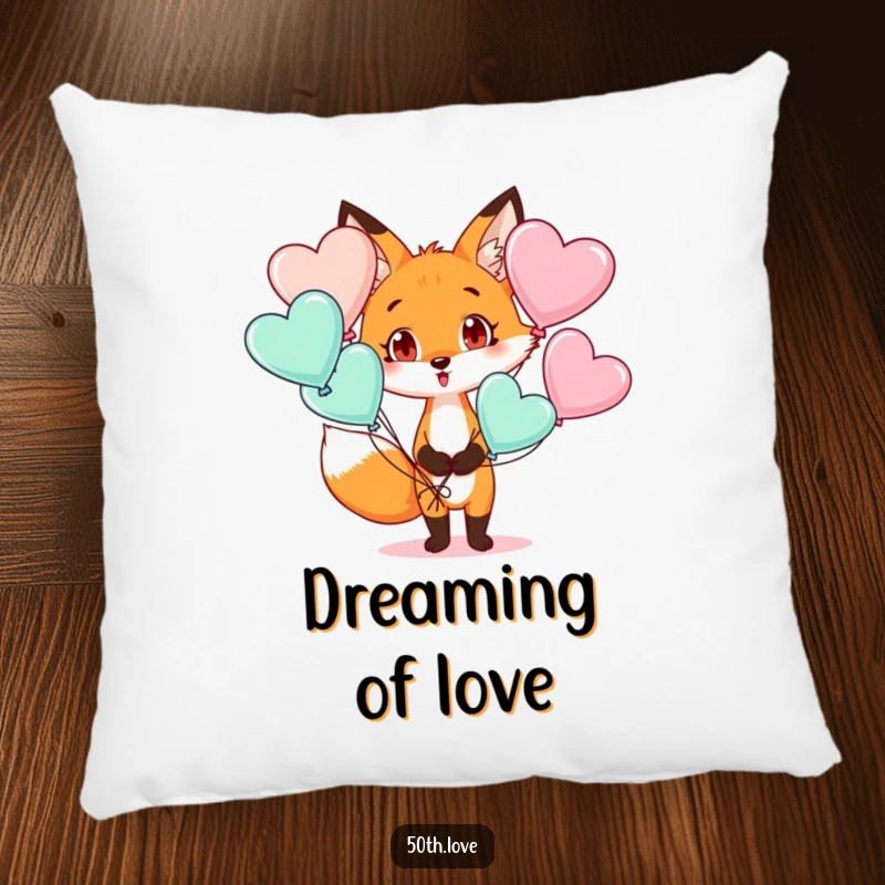 Funny birthday pillow featuring a surprised fox holding heart-shaped balloons, offering cuddly comfort and humor.