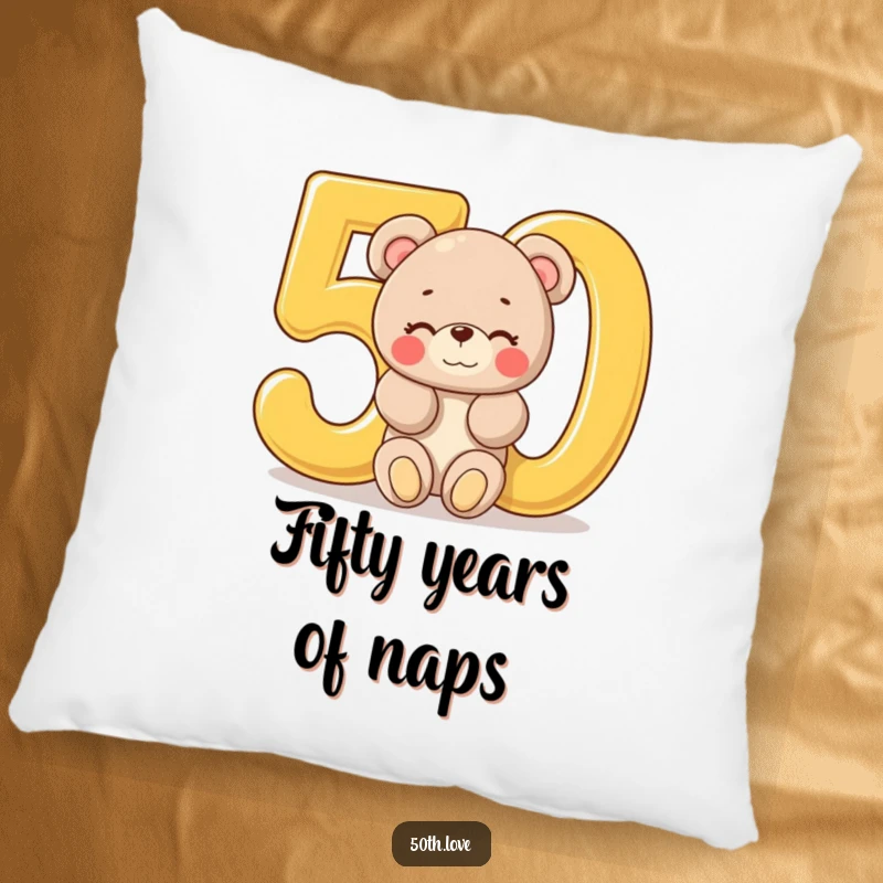 Funny '50th Birthday Bear' Pillow: A plush bear peeks out from a golden number 50, offering a shy, winking birthday greeting.