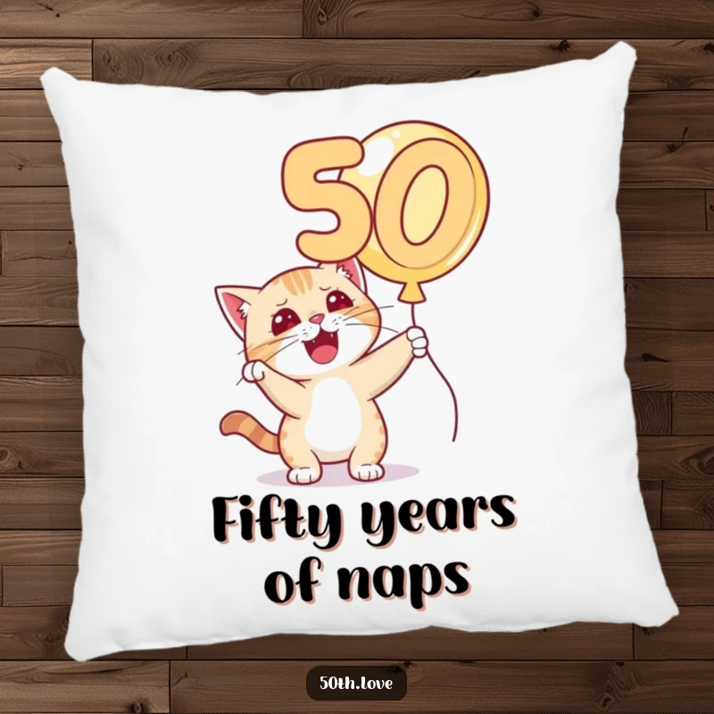 Funny 'Cat 50th Birthday' Pillow: A mischievous cat bats playfully at a golden number 50 balloon, adding a touch of feline charm.