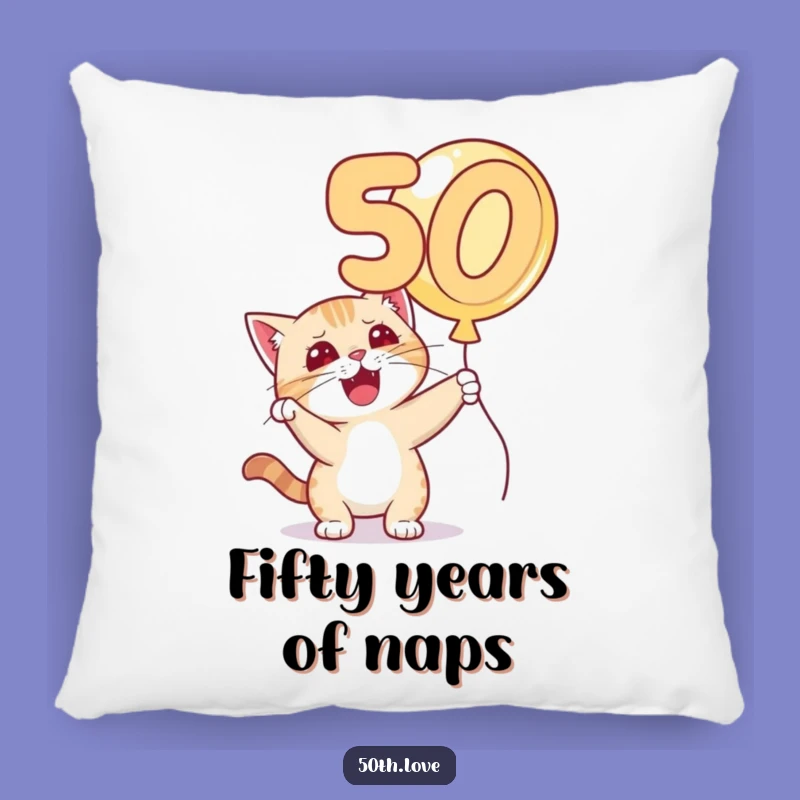 Funny Cat 50th Birthday Pillow - Cozy Mischievous Balloon Batting