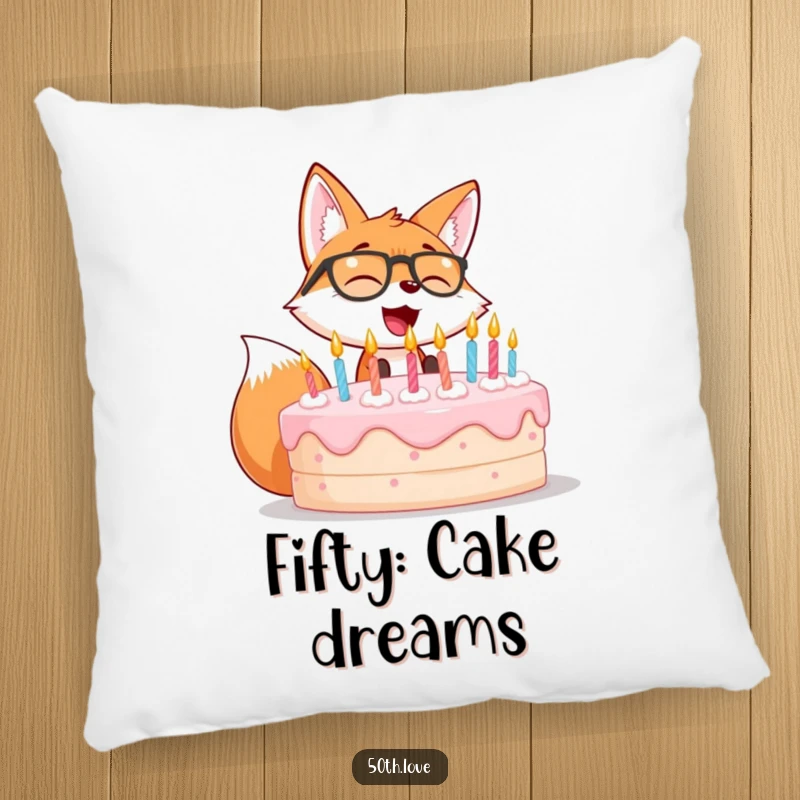 Funny pillow showing a giggling fox in glasses blowing out candles on a large birthday cake.