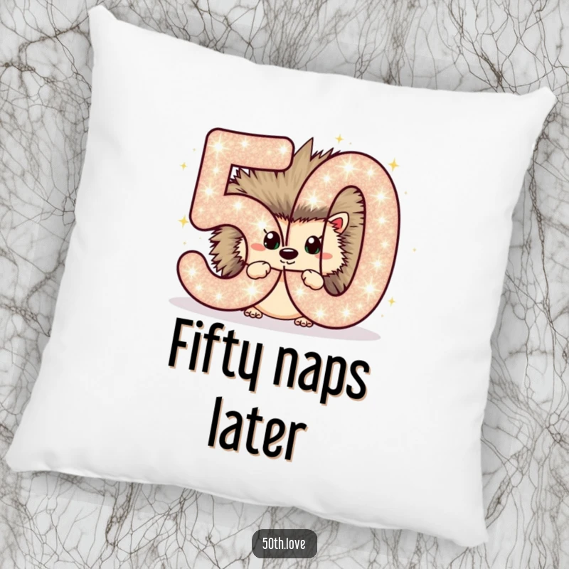 Funny pillow featuring a chubby hedgehog peeking out from behind a sparkling number 50, ideal for birthday comfort.