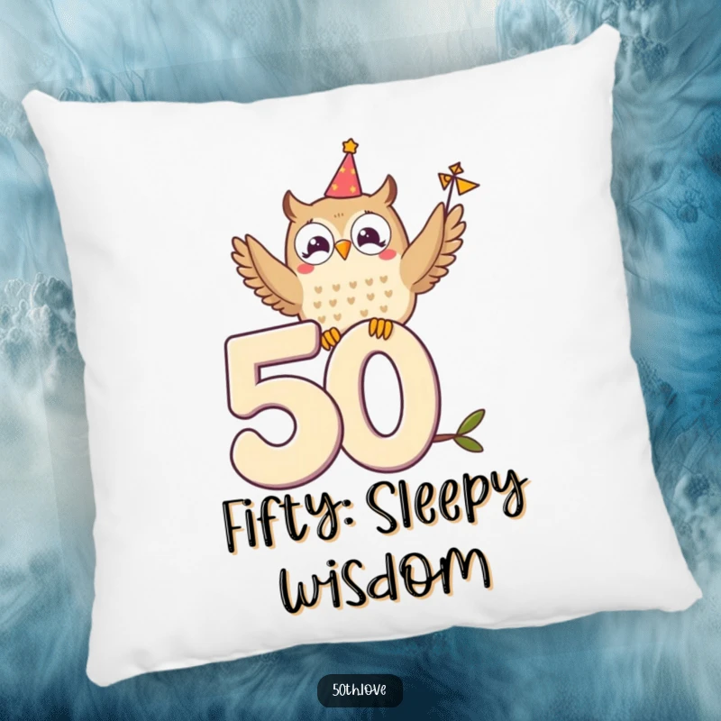Funny pillow showing a delighted owl perched on the number 50, waving a small festive banner.