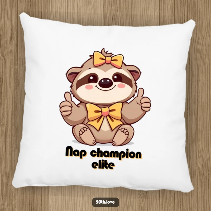 Funny pillow showing a happy sloth with a bow, giving a relaxed thumbs-up, perfect for comfort and decor.