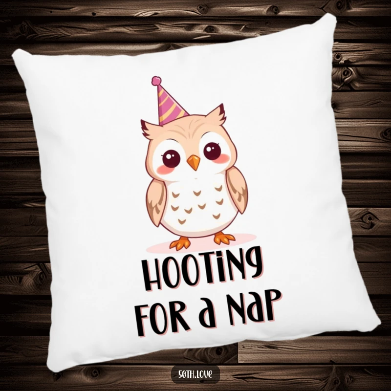 Funny 'Party Owl' Pillow: A cheerful owl toots a tiny party horn, bringing festive fun and comfort to any room.
