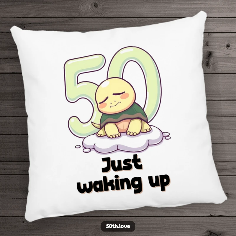 Funny 50th birthday pillow featuring a sleepy turtle emerging from a number '50', offering humorous comfort and a relaxed vibe.