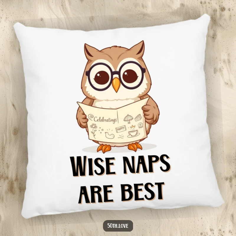 Funny owl pillow showing a wise owl with spectacles, peacefully reading a scroll filled with cheerful, celebratory drawings.