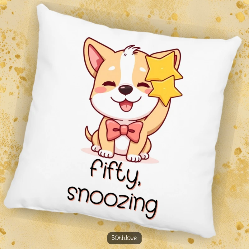 Funny dog with a bow tie winks and holds a golden star on a soft pillow, perfect for comfortable and star-themed birthday relaxation.