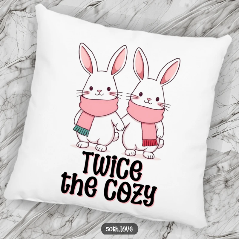 Funny friendship pillow with two cute bunnies in matching scarves, linked arm-in-arm, adding humorous comfort and charm.