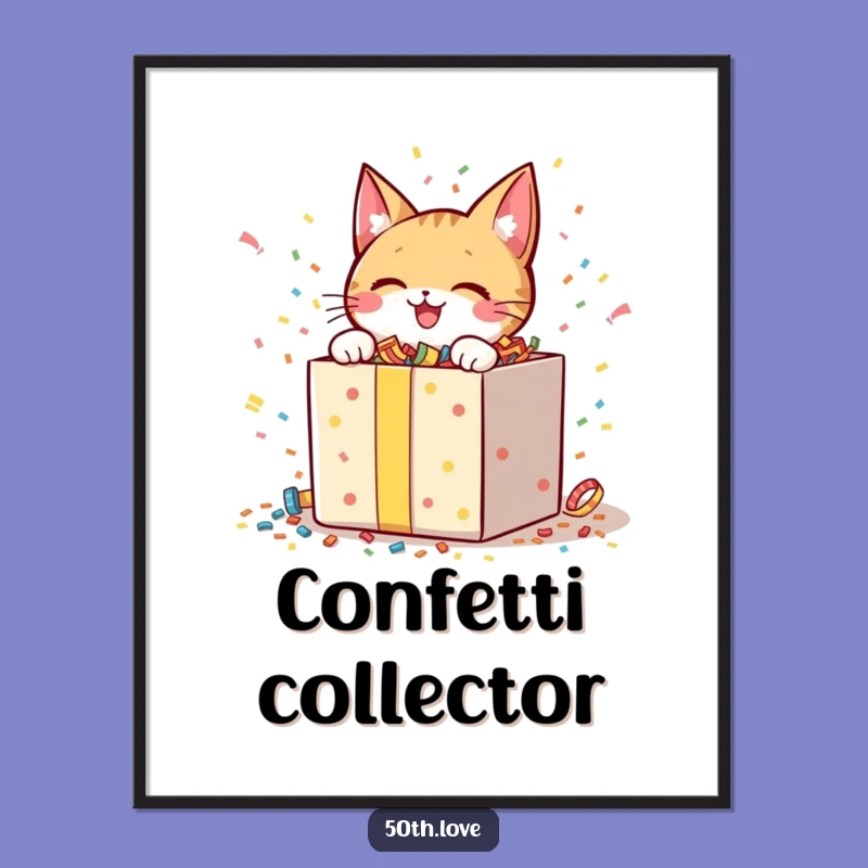 Funny Cat Unboxing Digital Art: Cheerful Character Opening Confetti Print