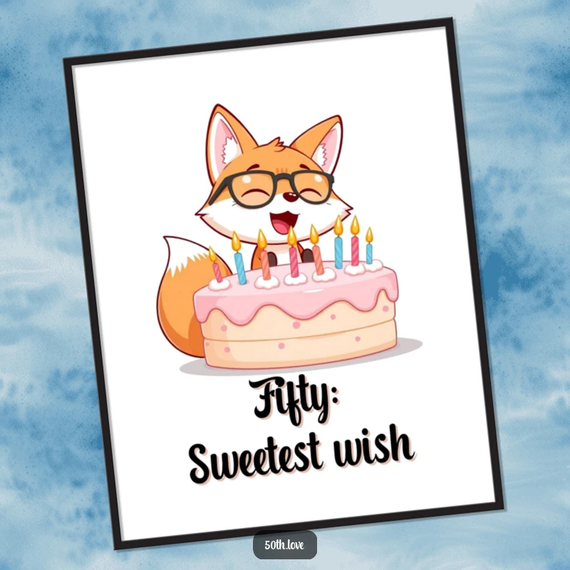Funny digital art print of a giggling fox wearing spectacles, blowing out candles on a massive birthday cake.