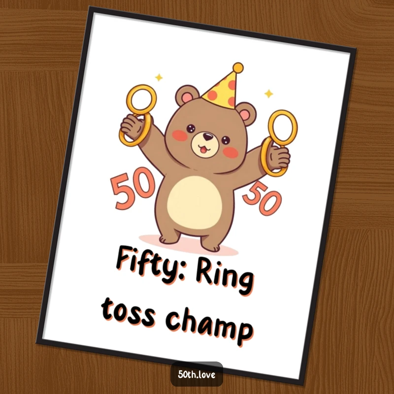 Funny digital art print of a bear in a party hat juggling five golden rings, with a number 50 nearby.