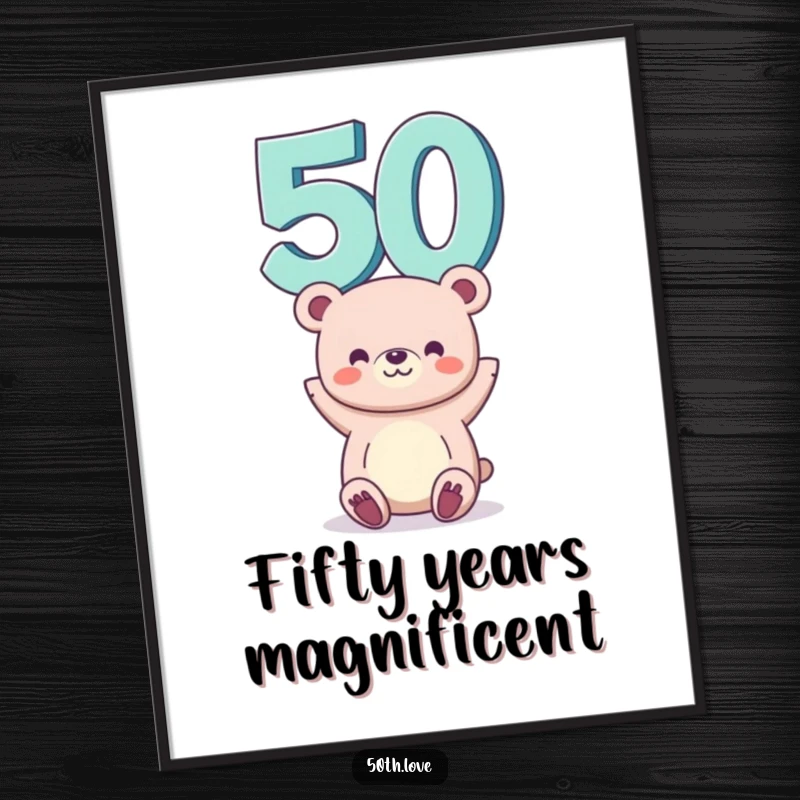 Funny 50th birthday digital art print of a bear balancing the number 50 on its head, perfect for instant festive decor.