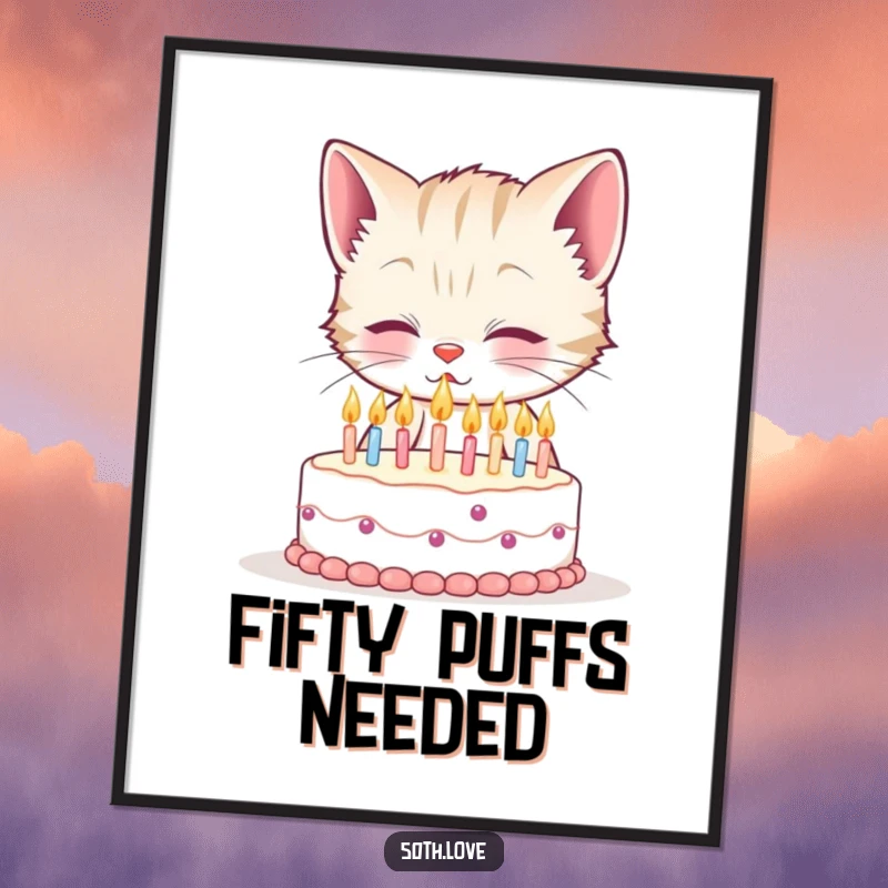 Funny 50th birthday digital art featuring a smiling kitten blowing out fifty tiny candles on a miniature cake, perfect for printable decor.