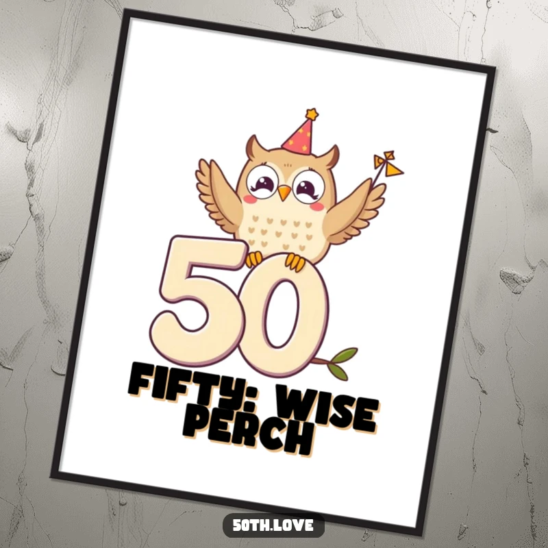 Funny digital art print of a delighted owl perched on the numeral 50, waving a tiny festive banner.