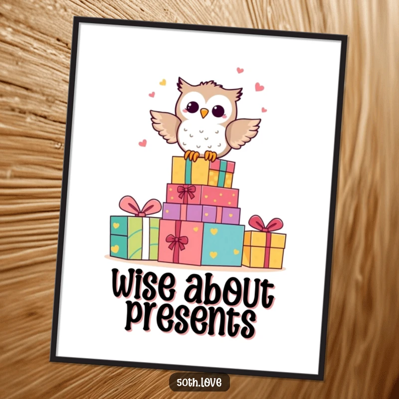 Funny digital art print of a happy owl character perched on colorful anniversary presents, hooting with glee.