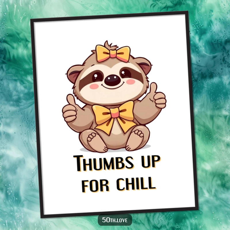 Funny digital art of a contented sloth wearing a bow and giving a thumbs-up, promoting relaxation.