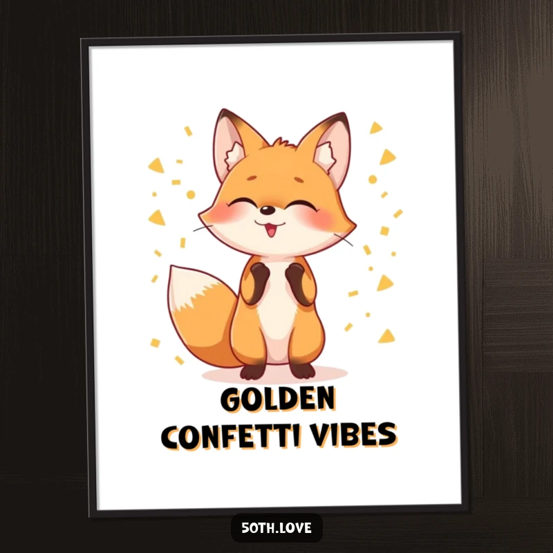 Funny digital art print of a giggling fox juggling golden confetti, perfect for instant, festive, and humorous wall decor.