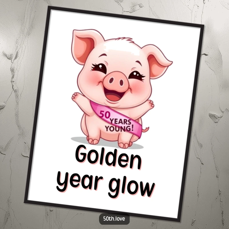 Funny 50th birthday digital art print of a giggling piglet wearing a '50 Years Young' sash, offering instant festive and humorous decor.