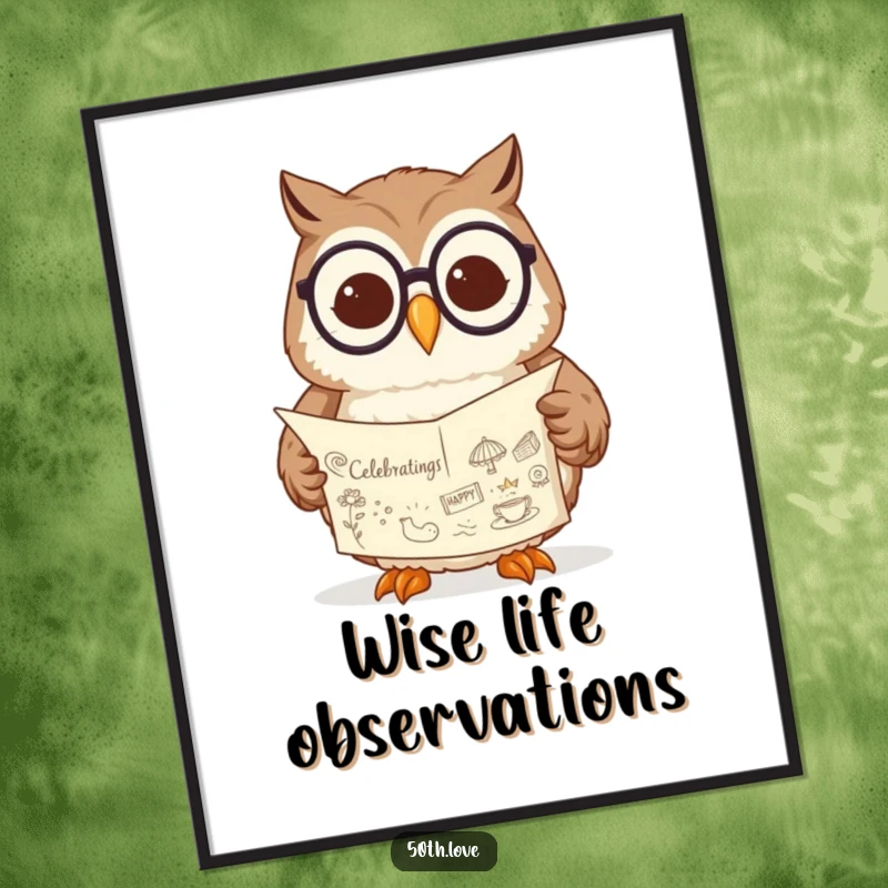 Funny owl digital art print featuring a wise owl wearing glasses, contentedly reading a scroll with celebratory drawings.