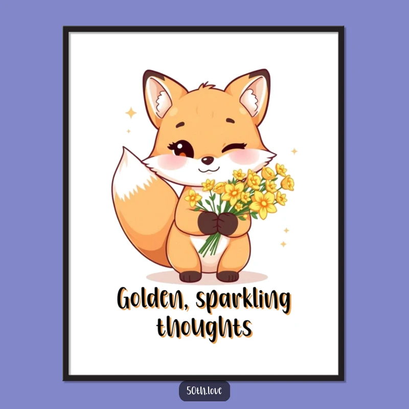 Instant Radiance: Funny Winking Fox Golden Flowers Digital Art Print