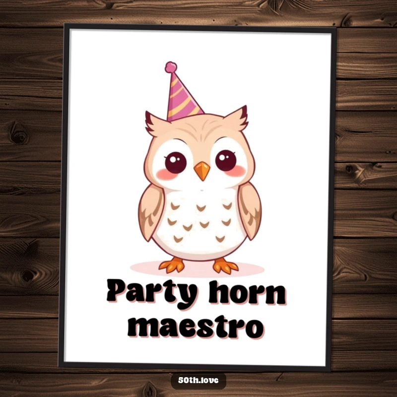 Funny 'Party Owl' Digital Art Print: A cheerful owl excitedly toots a tiny party horn, spreading festive cheer.