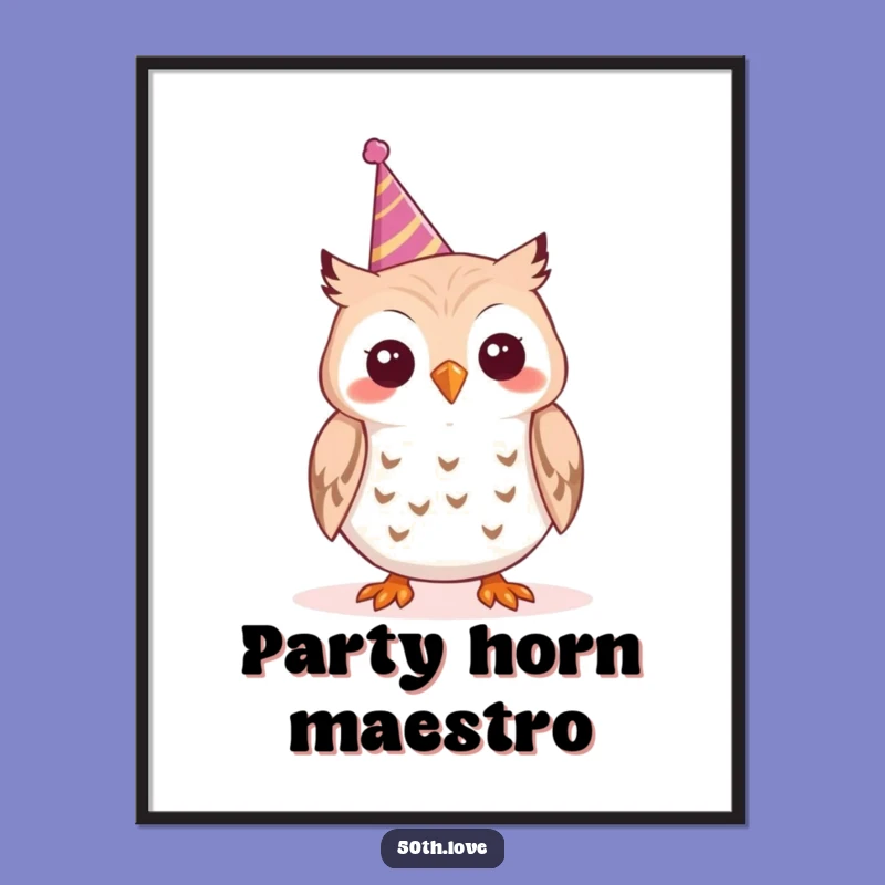 Funny Cheerful Owl Party Digital Art Print - Tooting Horn Decor