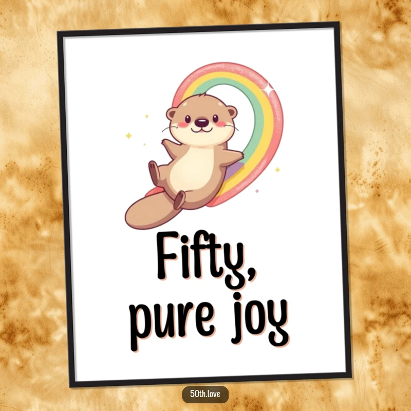 Funny otter joyfully sliding down a rainbow towards the number 50, available as a digital art print for festive 50th birthday decor.
