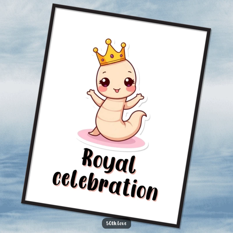 Funny birthday digital art print of a crowned worm dancing around a cake, offering instant festive and humorous decor.
