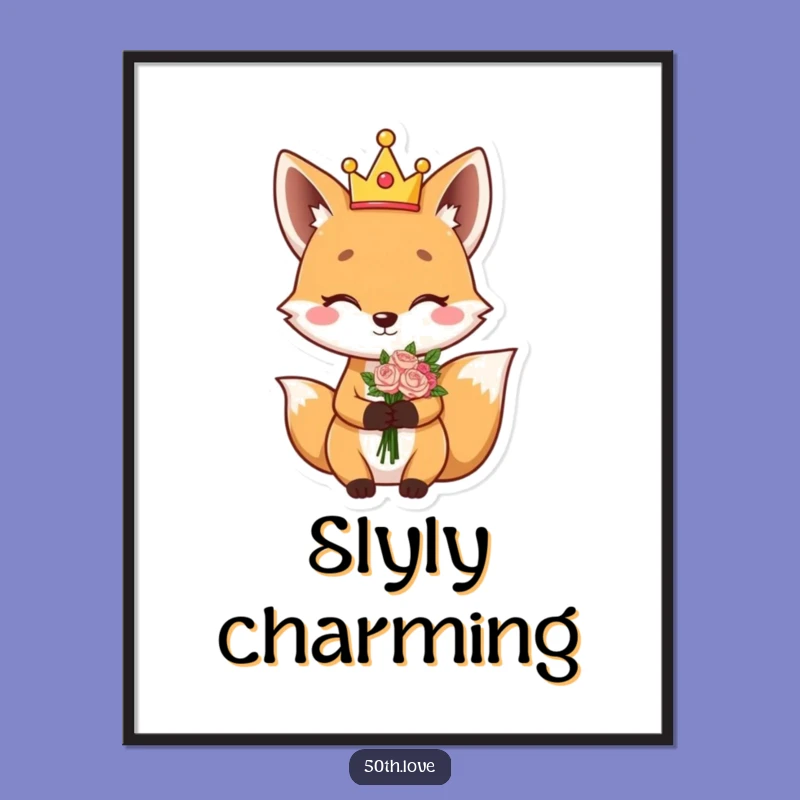 Funny Fox King Digital Art: Giggling Character Winks Holding Flower Bouquet Print