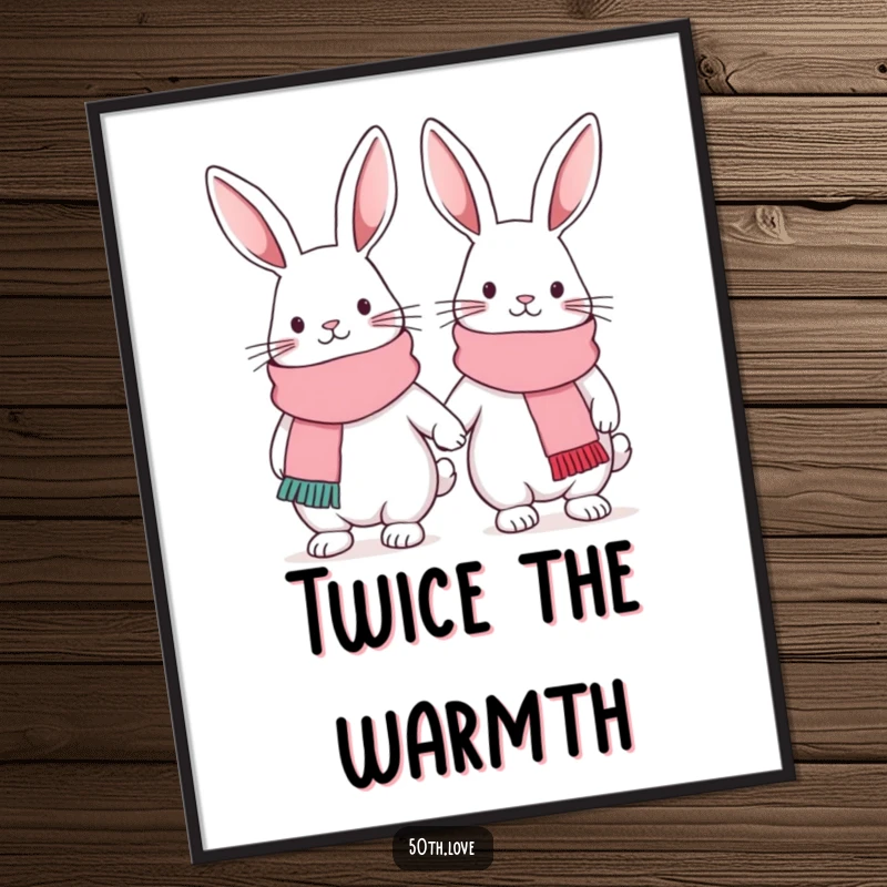Funny friendship digital art featuring two cute bunnies in festive scarves, linked arm-in-arm, perfect for printable decor.