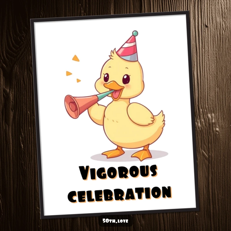 Funny digital art print of a playful duckling vigorously blowing a party horn, perfect for instant festive and humorous wall decor.