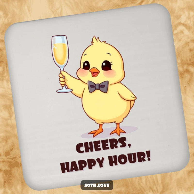 Funny chick coaster with a bow tie, bouncing and holding a champagne flute, protecting surfaces with cheer.