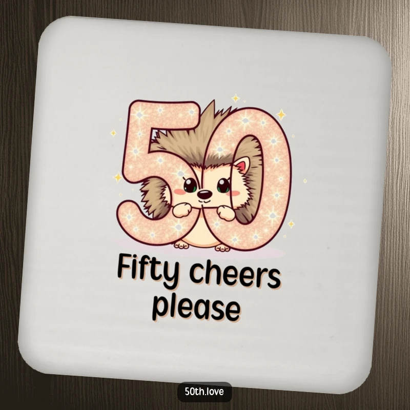 Funny coaster with a chubby hedgehog peeking behind a sparkling number 50, perfect for a 50th birthday party.
