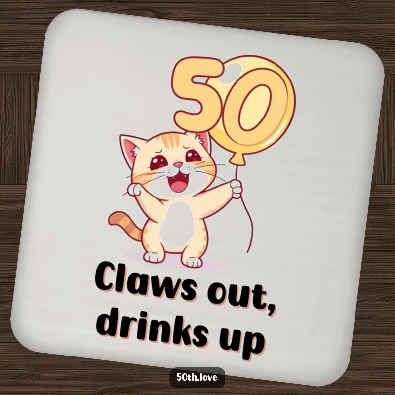 Funny 'Cat 50th Birthday' Coaster: A mischievous cat bats playfully at a golden number 50 balloon, adding feline flair.