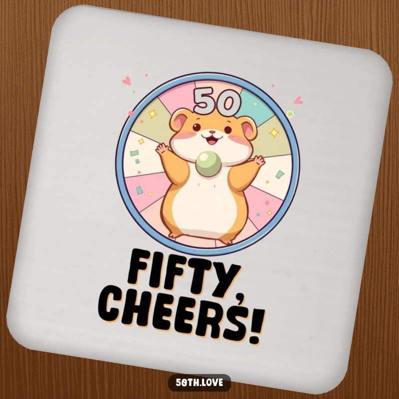 Funny hamster spinning a wheel with confetti and the number 50 on a drink coaster, adding energetic flair to birthday celebrations.