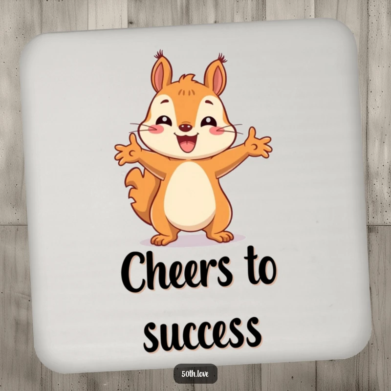 Funny coaster featuring a happy squirrel striking a pose of celebration, adding humor to any surface.