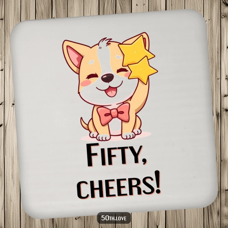 Funny dog wearing a bow tie winks and holds a golden star on a drink coaster, adding star flair to birthday celebrations.