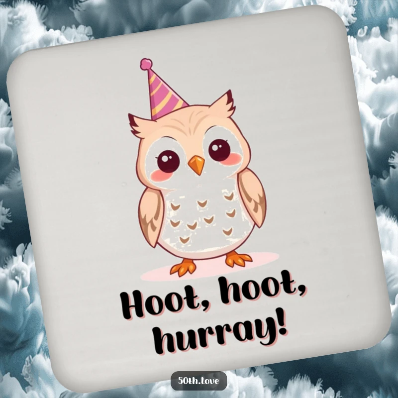 Funny 'Party Owl' Coaster: A cheerful owl toots a tiny party horn, adding a humorous touch to your drink setup.