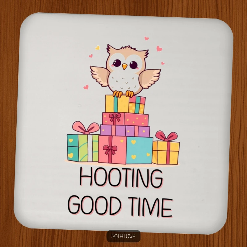 Funny coasters set showing happy owl characters hooting with glee on stacks of colorful anniversary presents.