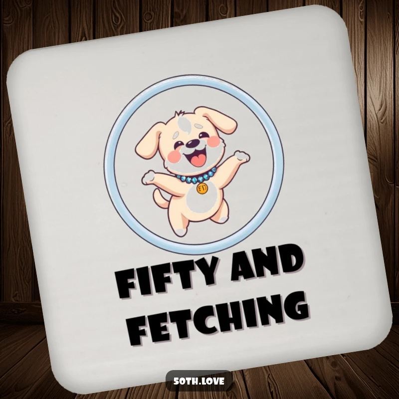 Funny dog coaster with a small, giggling dog wearing a sequined collar, jumping through a hoop shaped like the number fifty.
