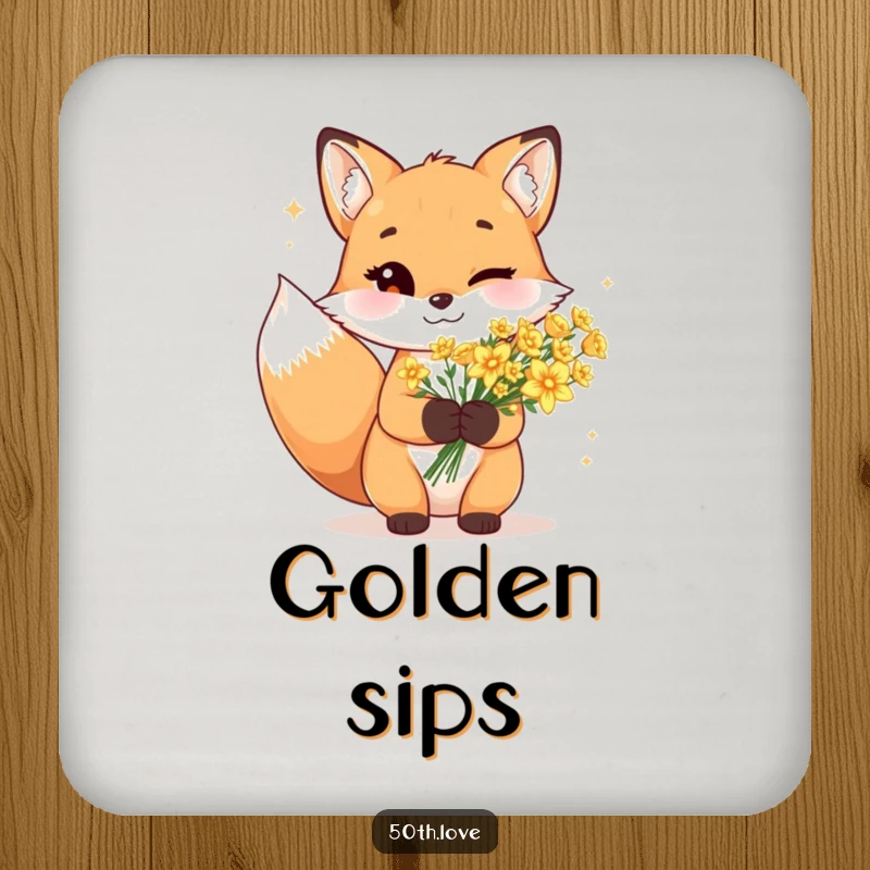 Funny fox coaster with a cheerful wink, holding a bouquet of sparkling golden flowers, protecting surfaces.