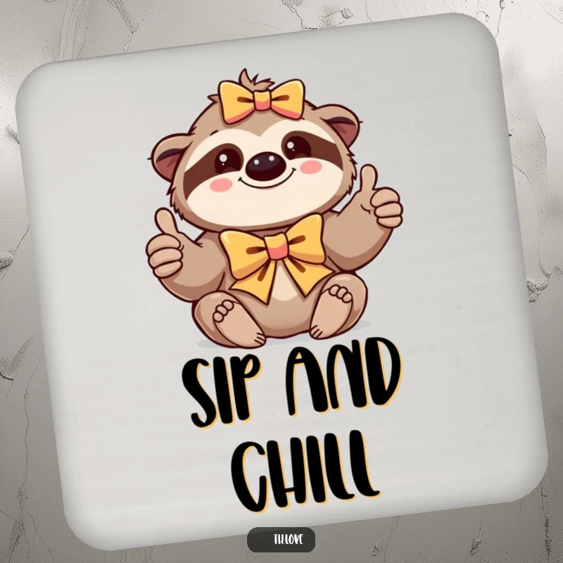 Funny coaster with a content sloth in a bow, giving a thumbs-up, perfect for adding relaxed charm.