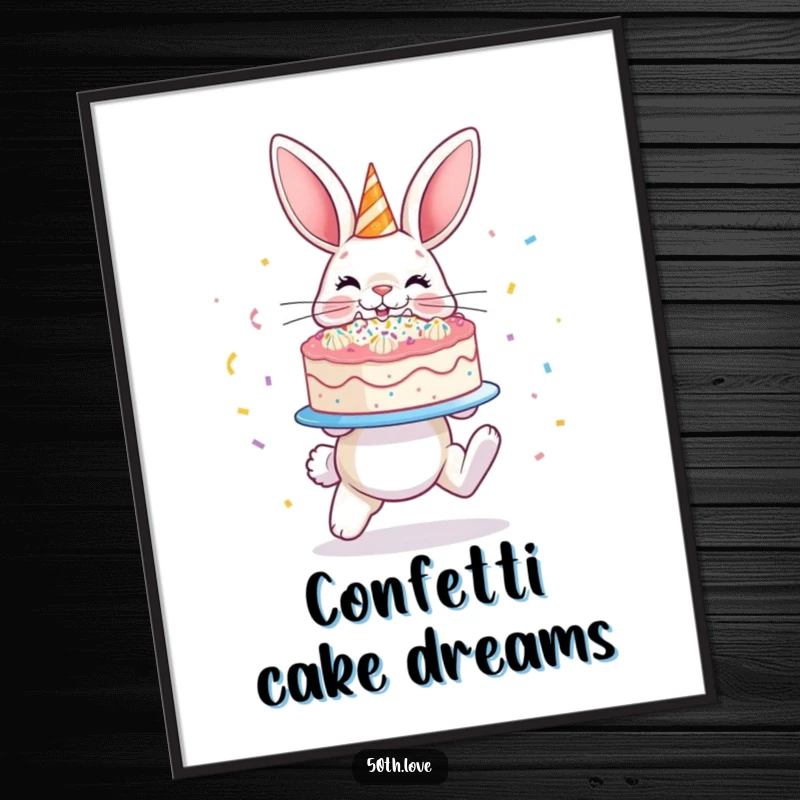 Funny 'Bunny Cake' Poster: A hopping bunny proudly presents a glistening, confetti-covered cake, ready for a birthday.