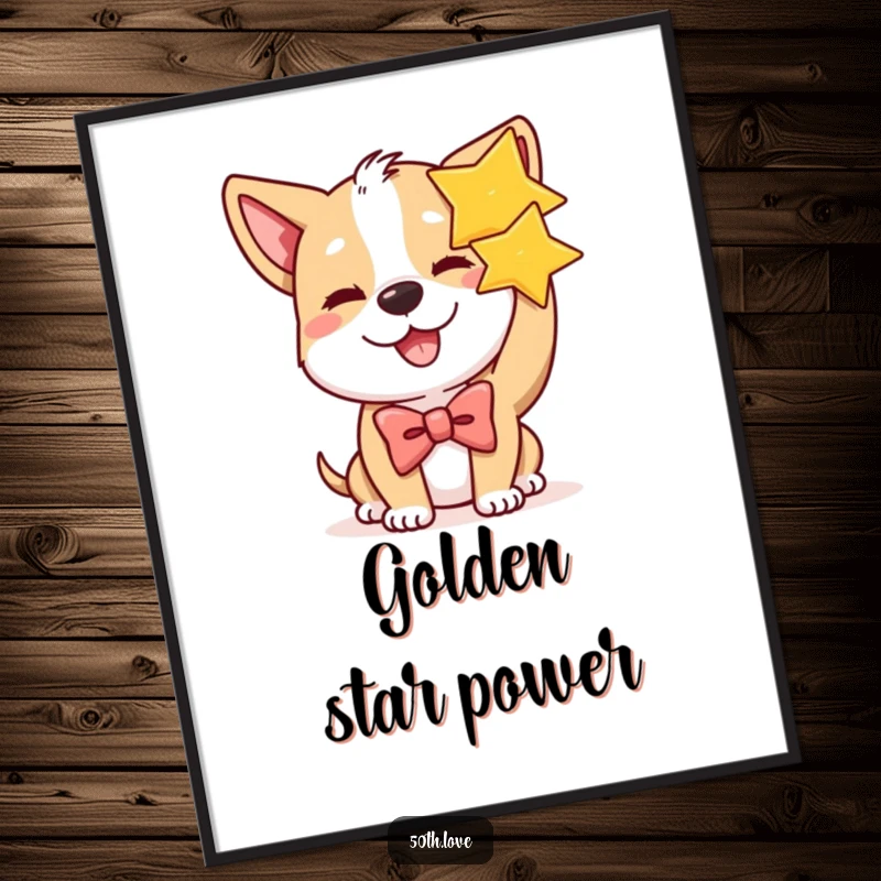 Funny dog in a bow tie winks and holds a golden star on a poster, perfect for adding star-themed birthday decor.