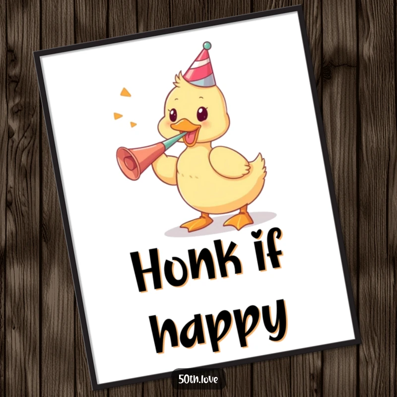 Funny art poster of a playful duckling vigorously blowing a party horn, symbolizing energetic fun and festive celebration.