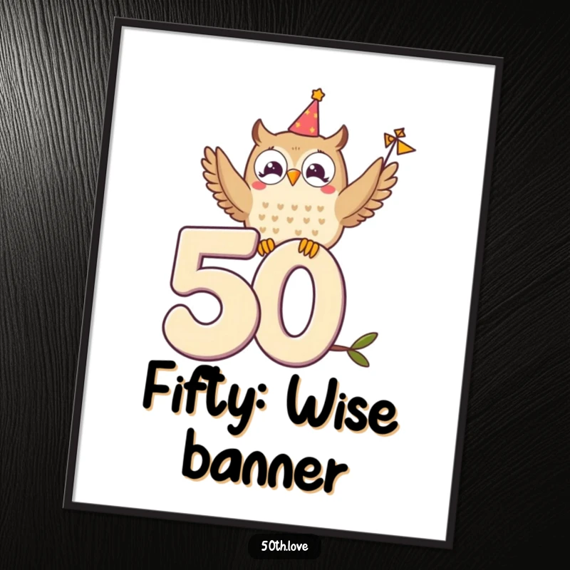 Funny poster of a delighted owl perched on the numeral 50, waving a tiny festive banner.