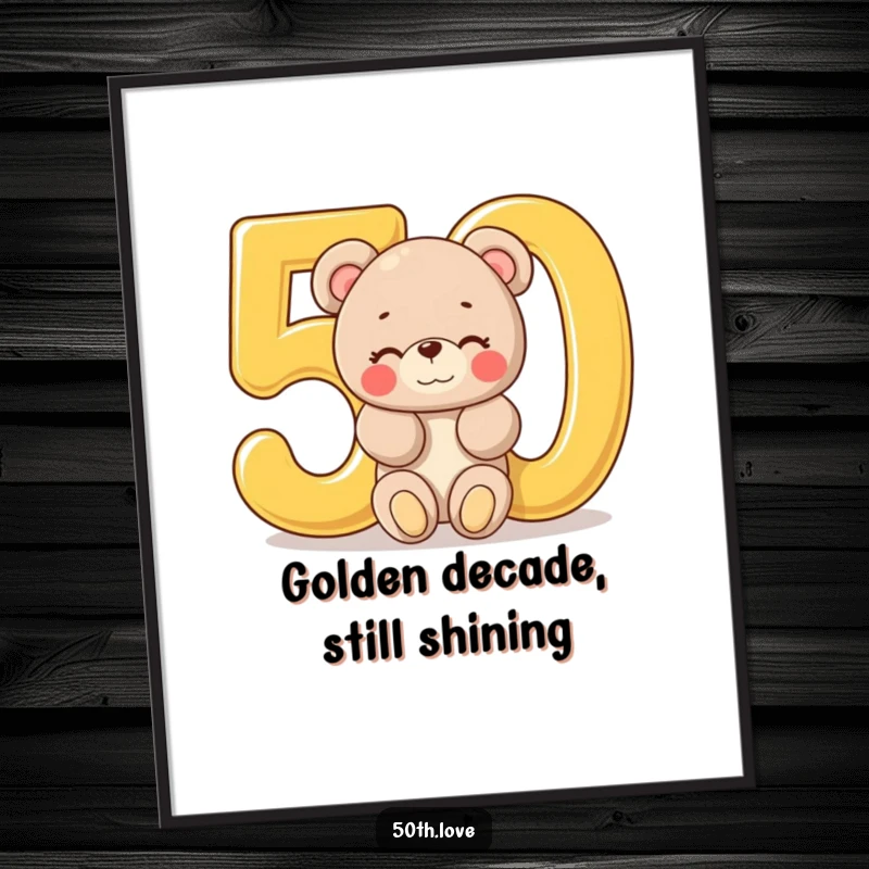 Funny '50th Birthday Bear' Poster: A cute plush bear winks from behind a giant golden number 50, celebrating a milestone birthday.